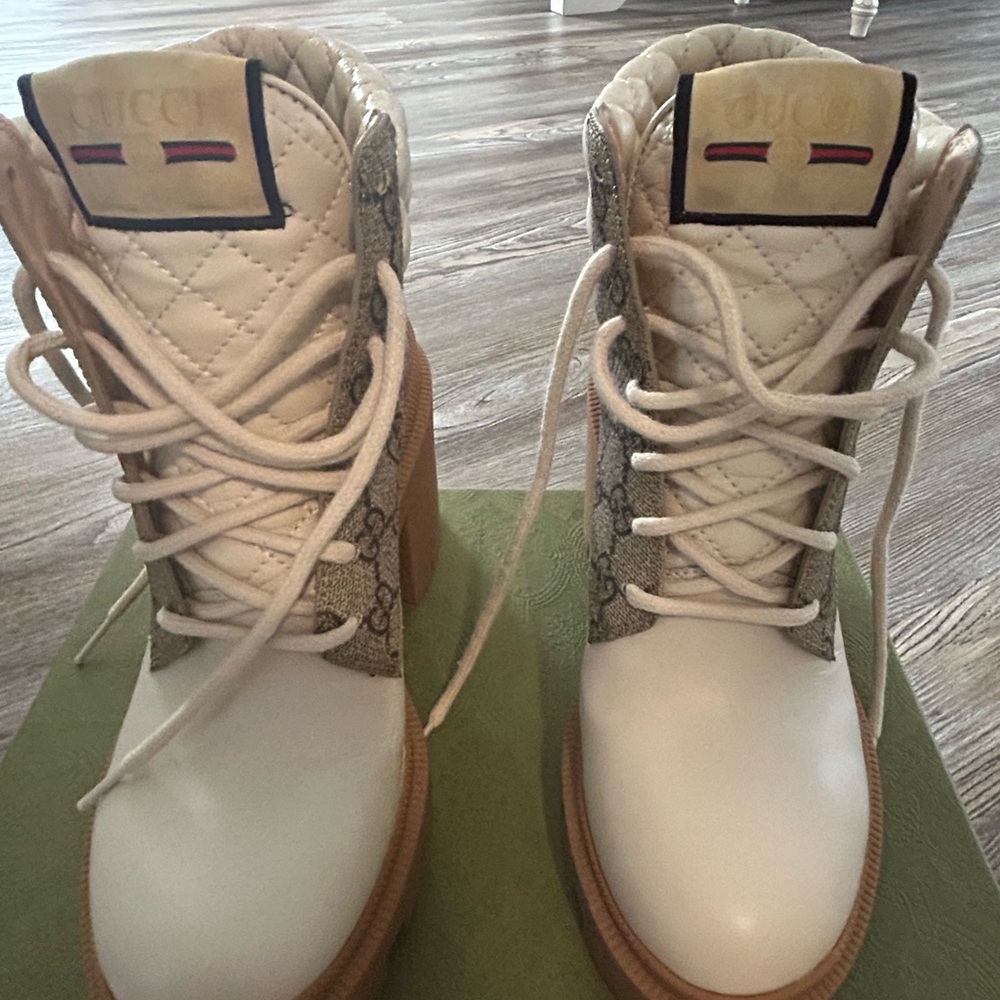 Gucci White and Beige Lace-Up Boots